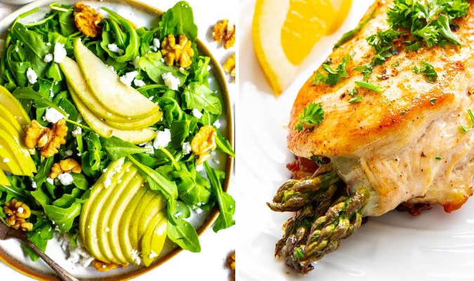 Pear salad and asparagus stuffed chicken.