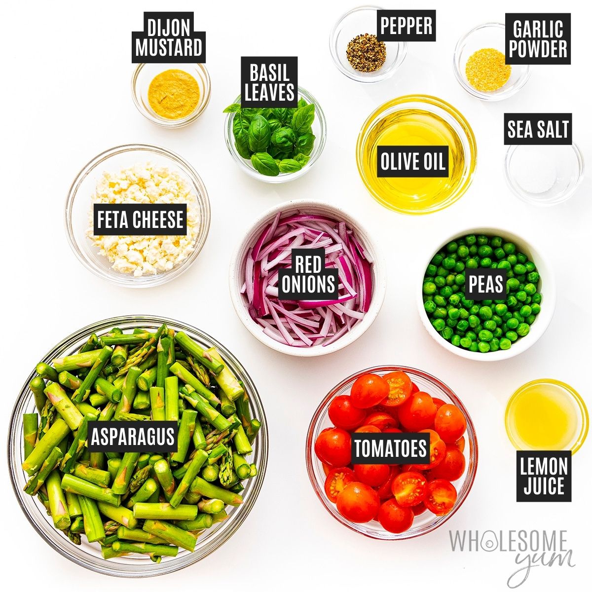 Recipe ingredients in bowls of different sizes.
