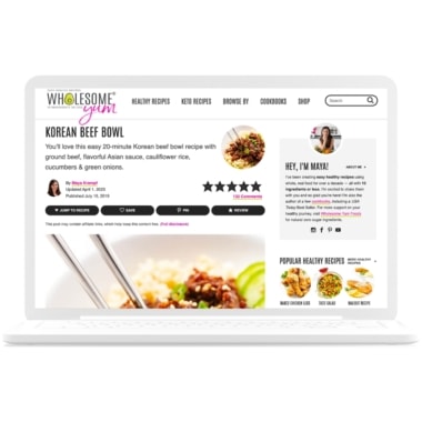 Ad-free recipe for Korean beef bowl on a laptop.