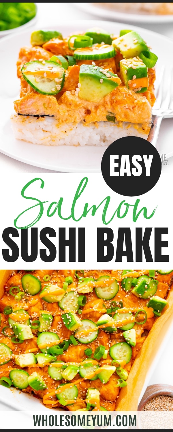 Salmon sushi bake recipe pin.