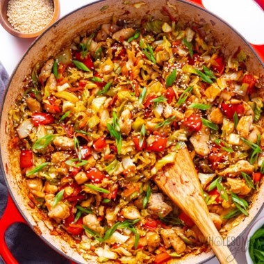 Cabbage stir fry in a pan.
