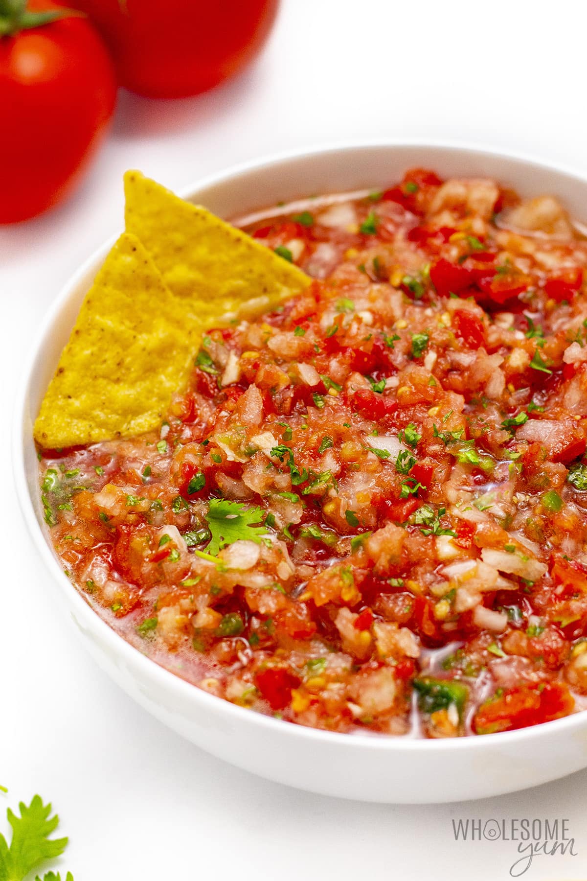 Fresh salsa recipe with two tortilla chips dipped.