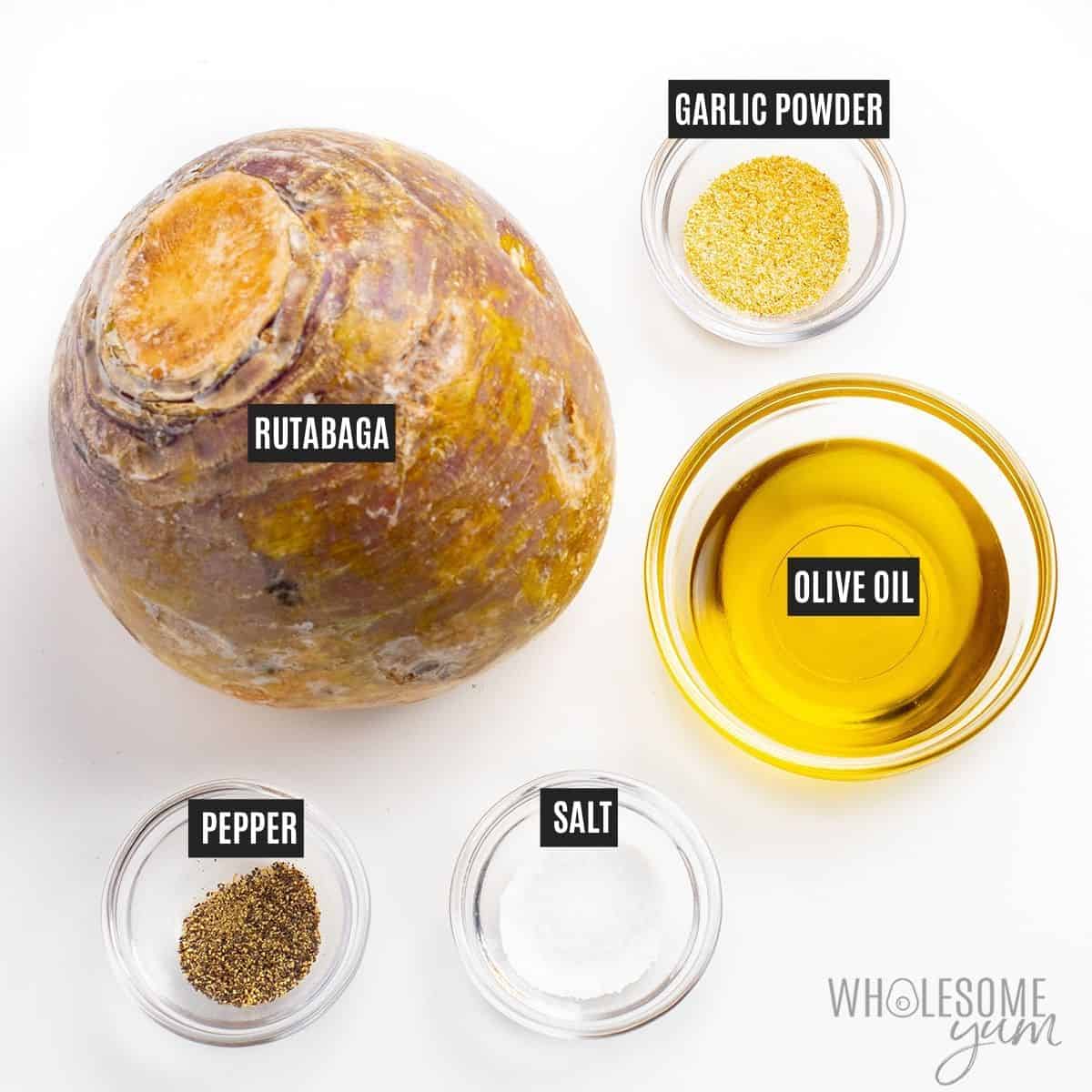 Labeled recipe ingredients: rutabagas, olive oil, garlic powder, sea salt, and black pepper.