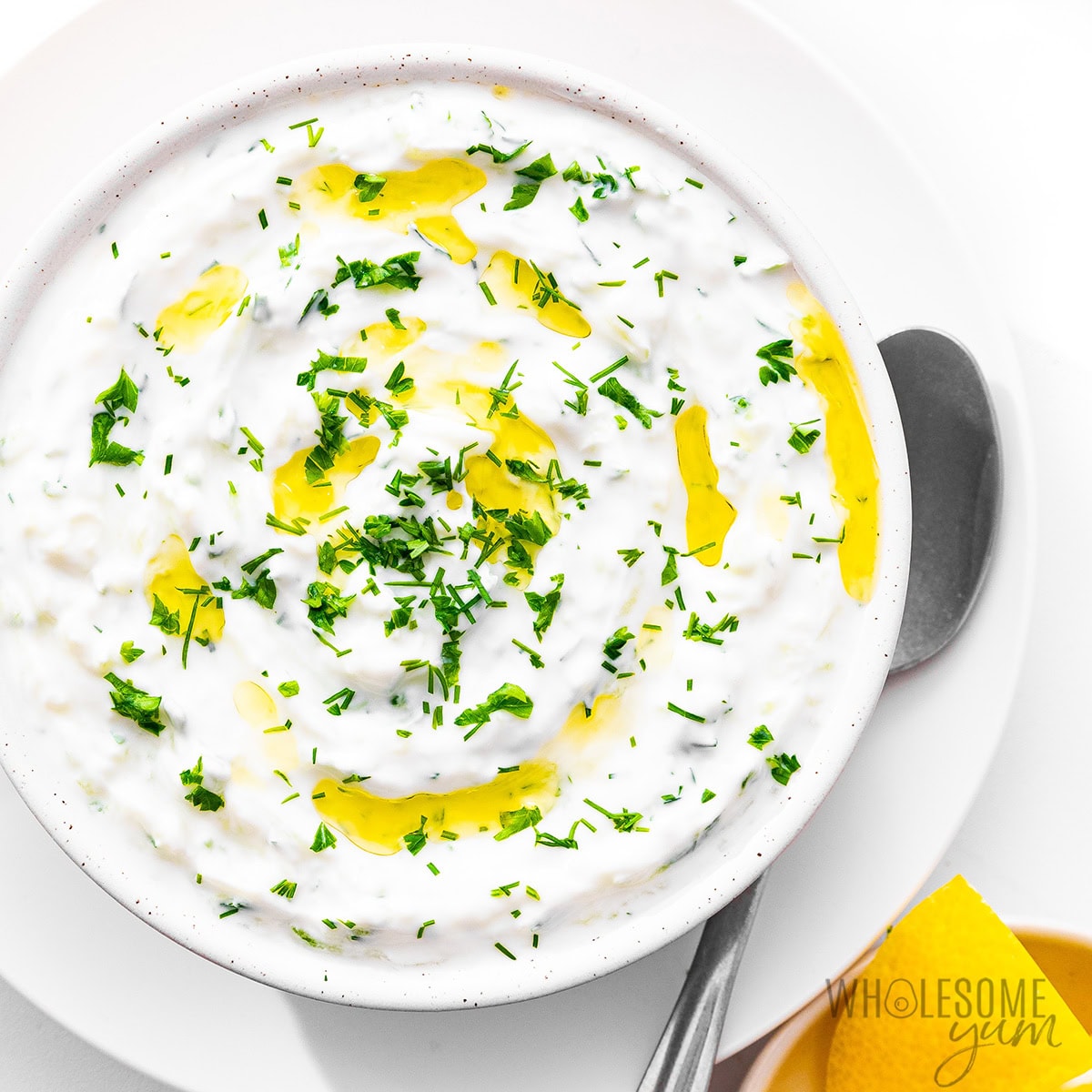 Tzatziki sauce in a bowl.