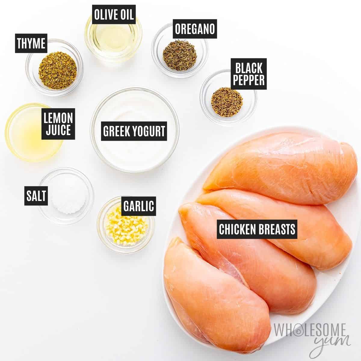 Labeled recipe ingredients: Chicken, Greek yogurt, olive oil, lemon juice, honey, garlic, dried oregano, dried thyme, sea salt, and black pepper.