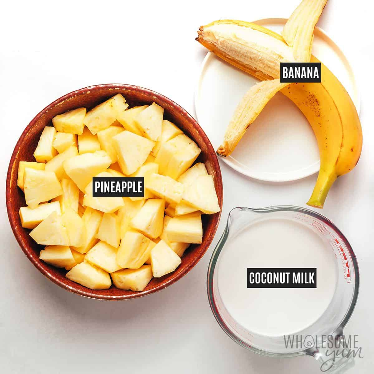Labeled recipe ingredients: Pineapple chunks, banana, and coconut milk.