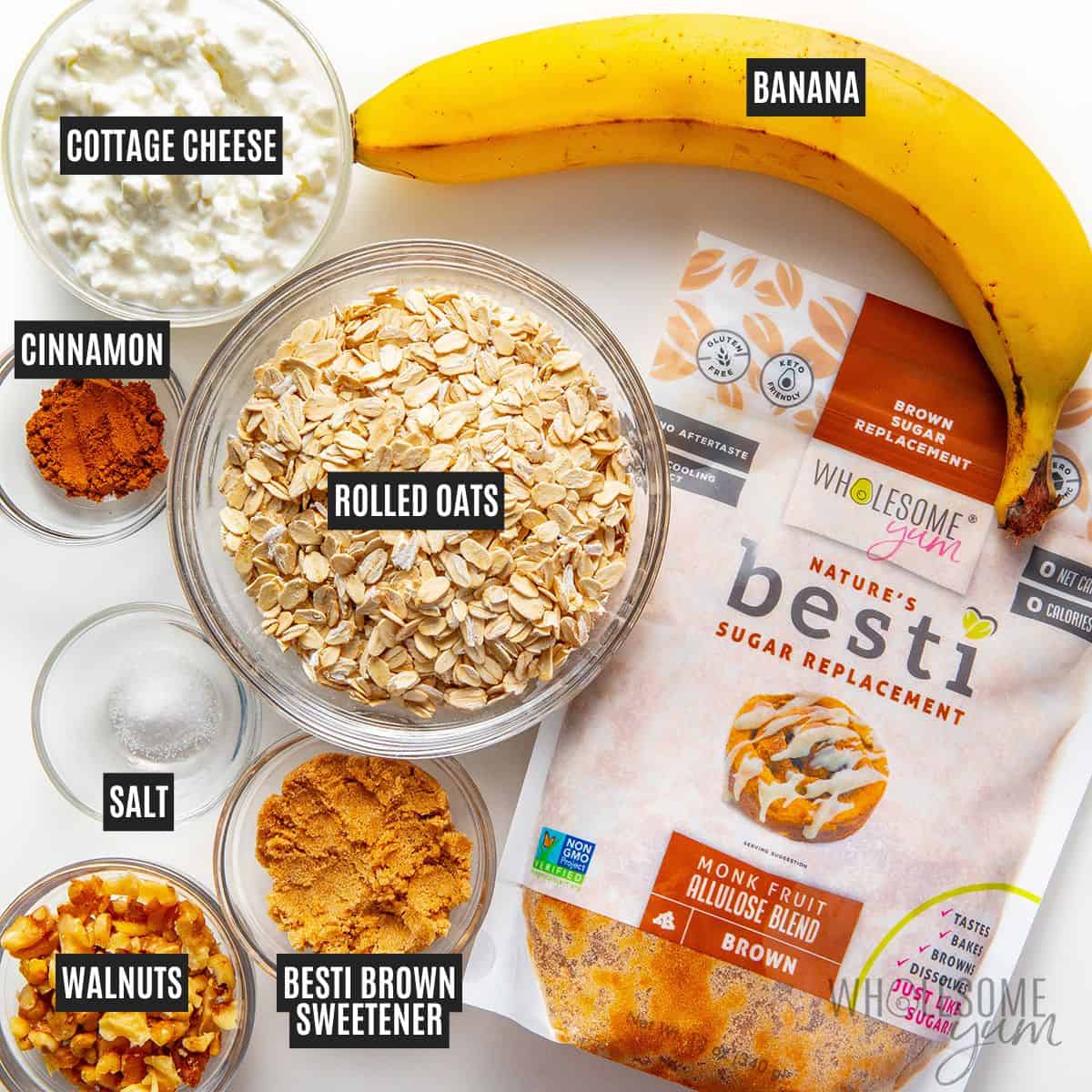 Labeled recipe ingredients: banana, rolled oats, cottage cheese, cinnamon, Besti brown, walnuts, and sea salt.