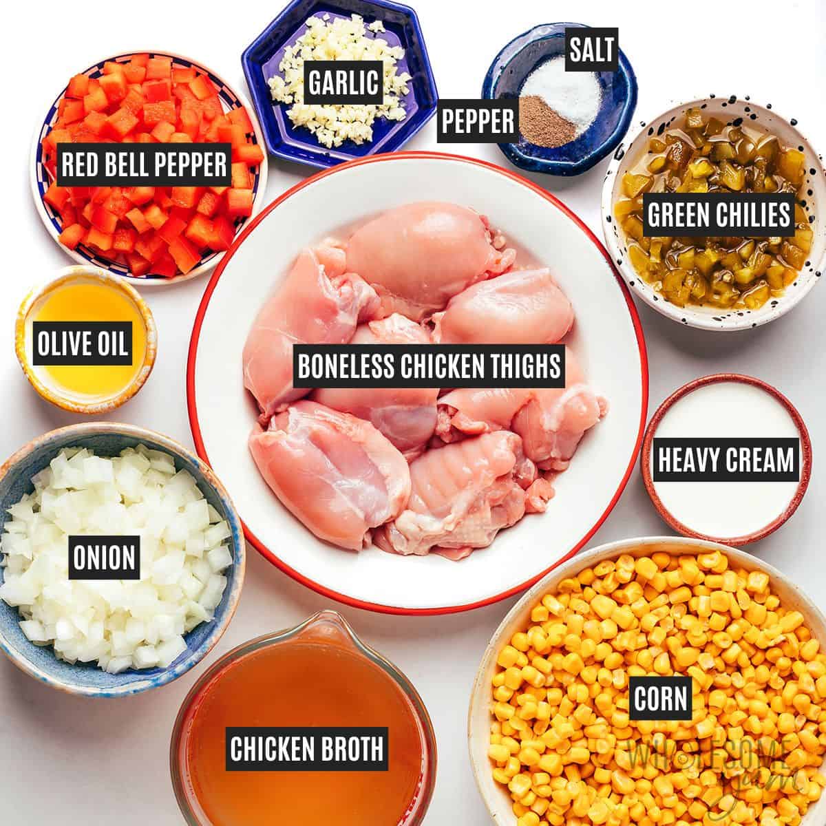 Labeled recipe ingredients: Chicken, corn, bell pepper, chilies, onion, garlic, heavy cream, chicken broth, olive oil, salt, and pepper.