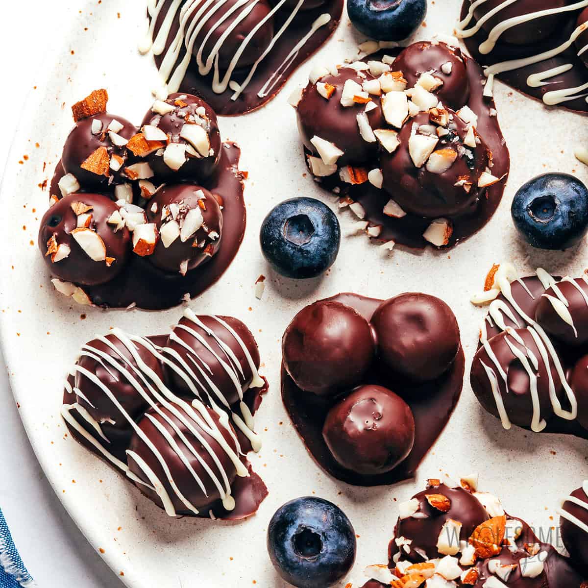 Finished chocolate covered blueberry recipe on a plate.