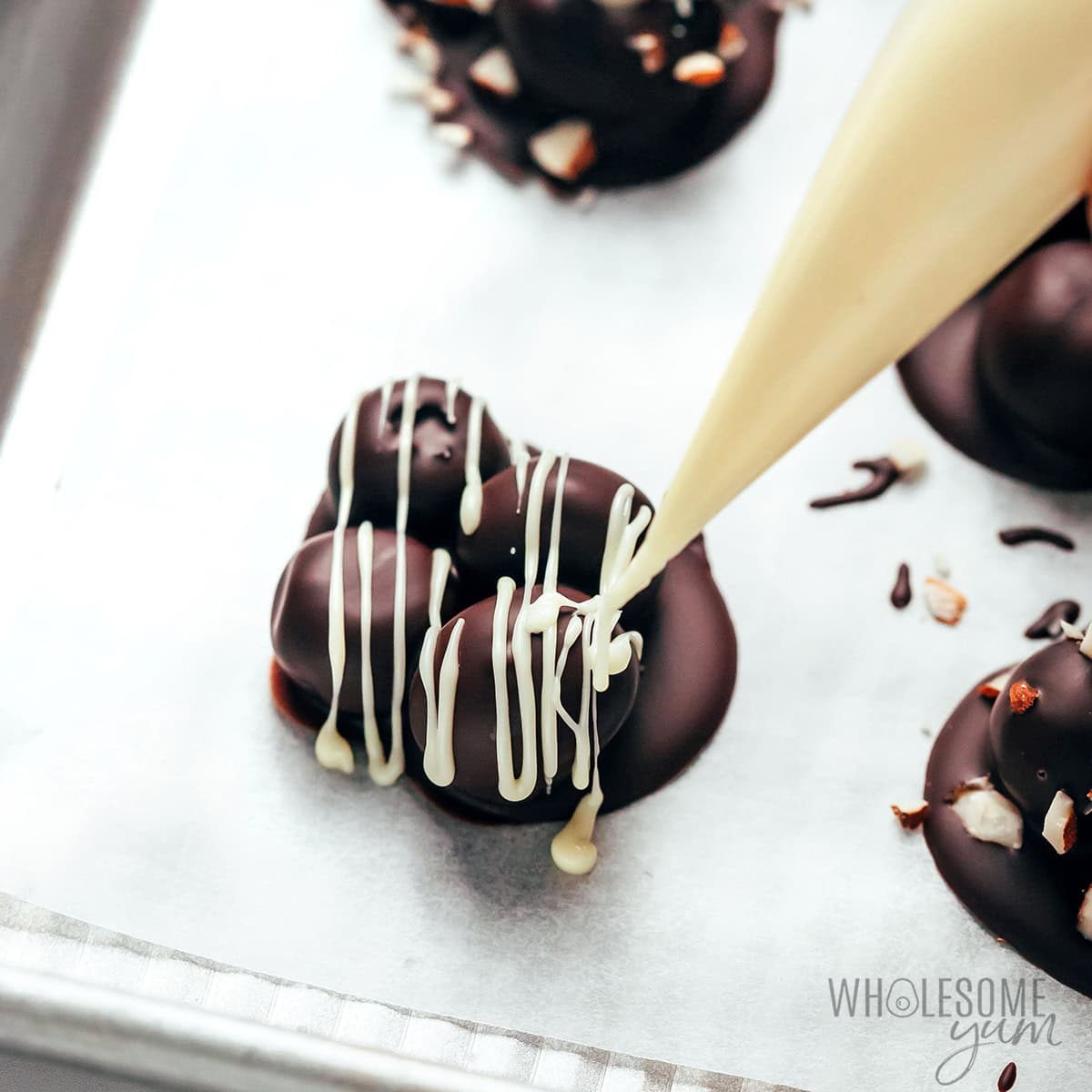 Chocolate blueberry clusters drizzled with white chocolate.
