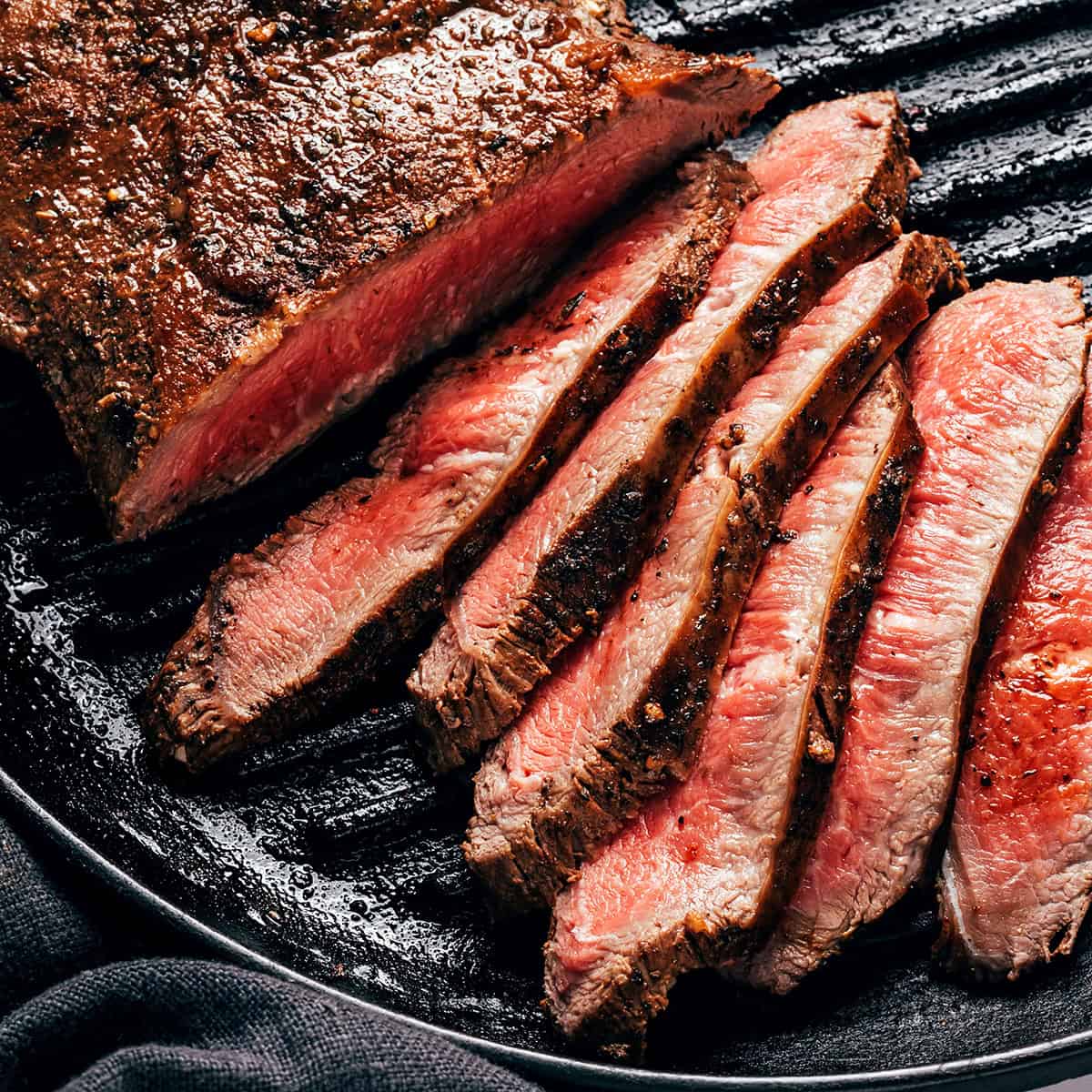 Cooked flat iron steak recipe cut into slices.