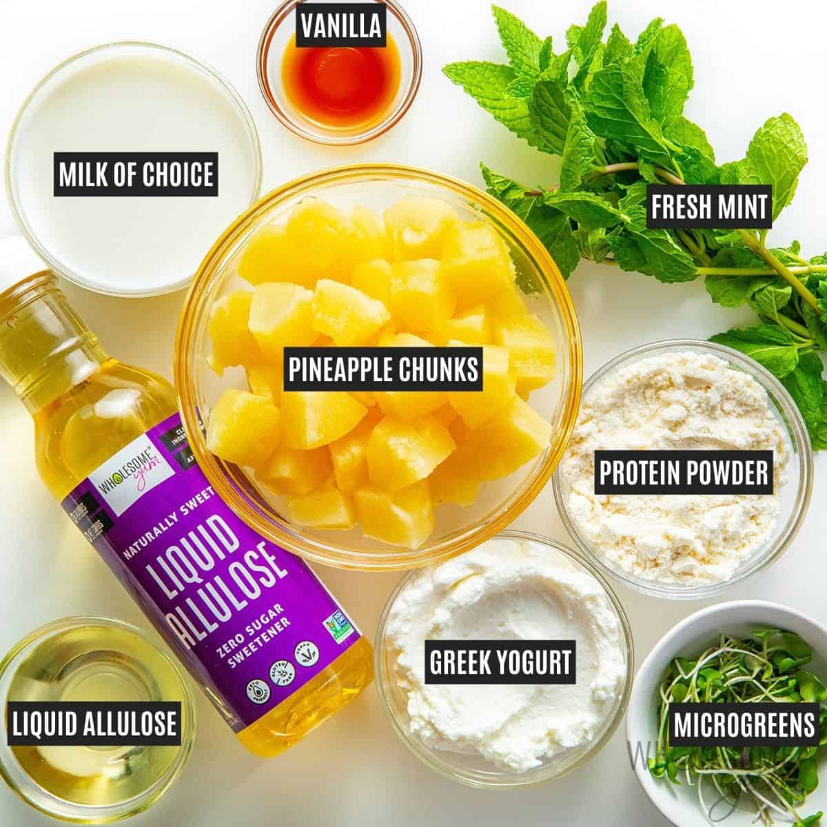 Labeled recipe ingredients: Greek yogurt, milk, protein powder, micro greens, fresh mint, Wholesome Yum Liquid Allulose, and vanilla. 