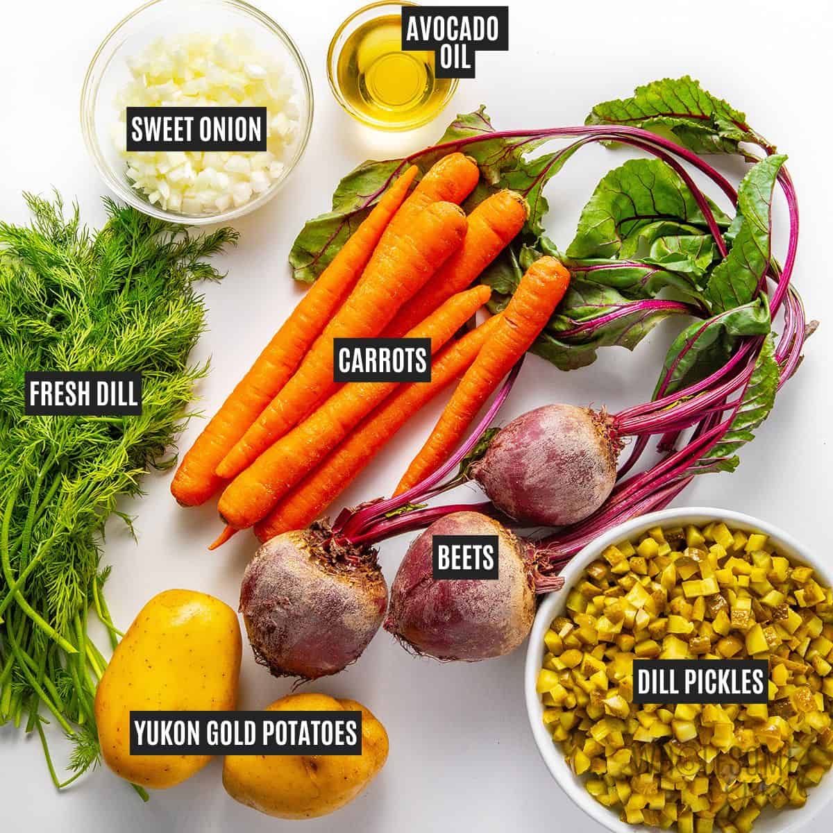 Labeled recipe ingredients: Beets, carrots, Yukon gold potatoes, dill pickles, sweet onion, fresh dill, and avocado oil.