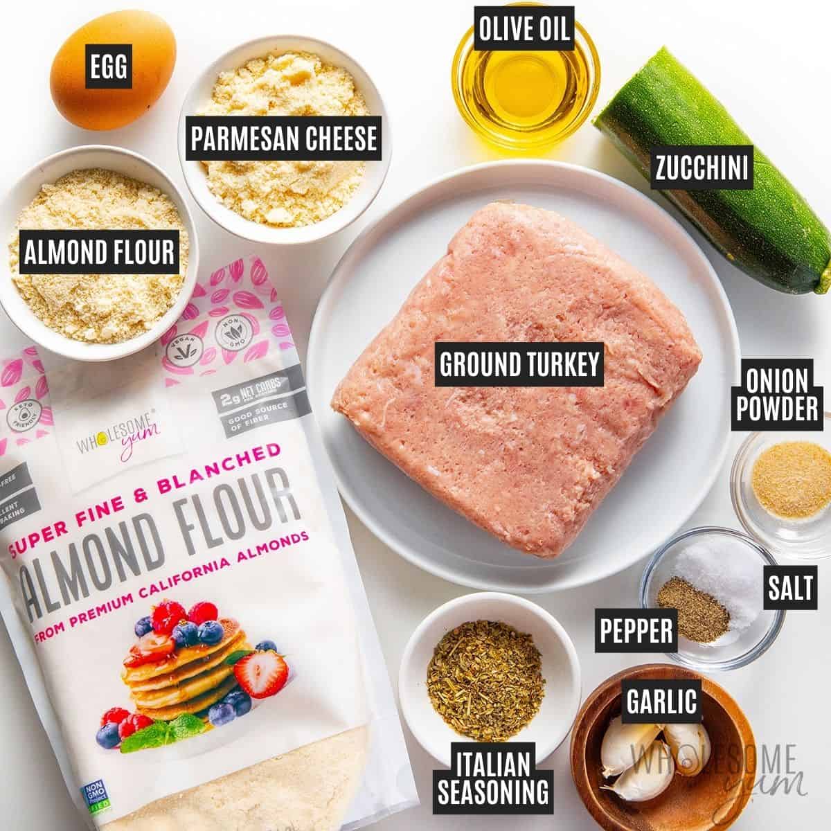 Labeled recipe ingredients: Ground turkey, zucchini, garlic, grated parmesan cheese, almond flour, Italian seasoning, onion powder, egg, olive oil, salt, and pepper.