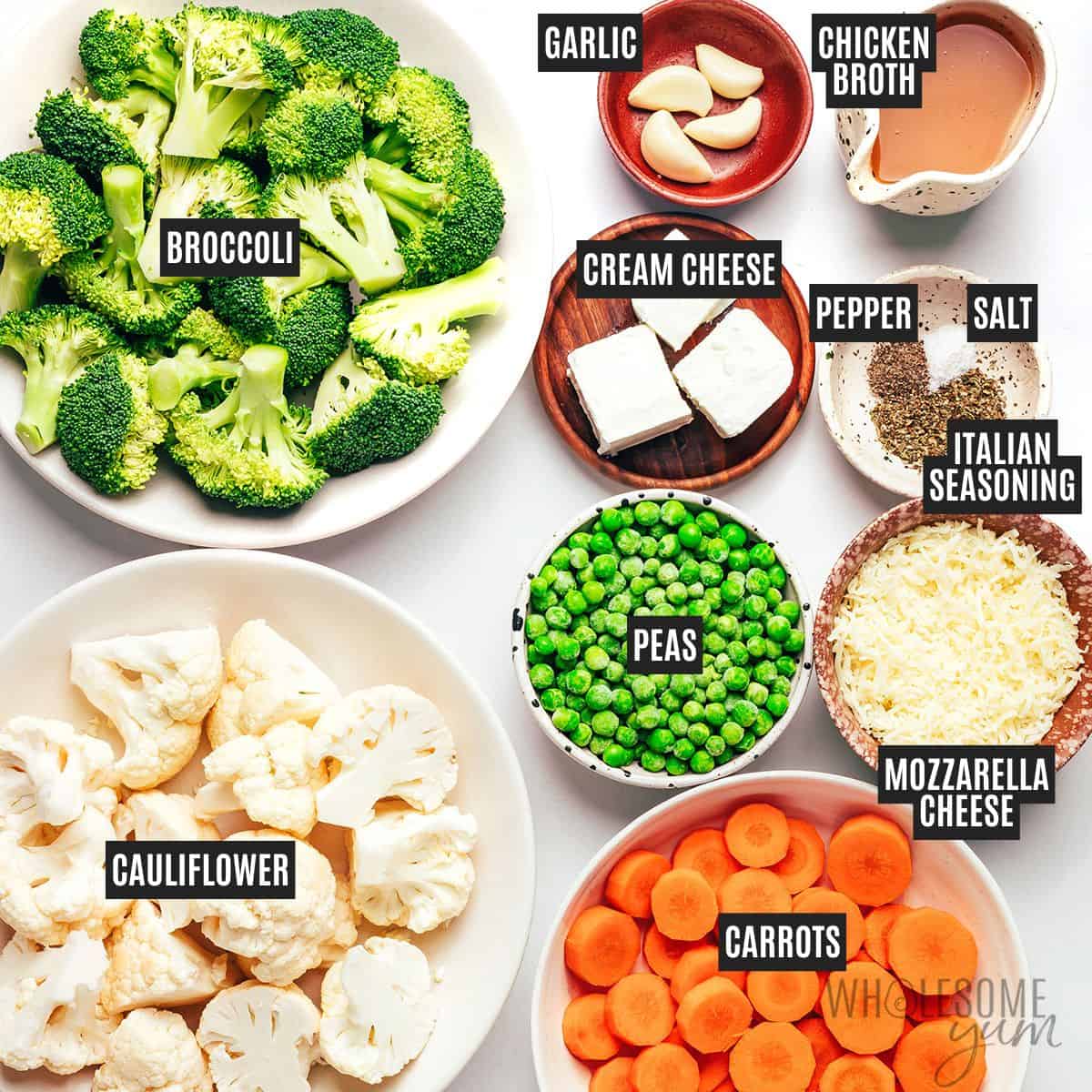 Labeled recipe ingredients: Broccoli, cauliflower, carrots, peas, garlic, cream cheese, chicken broth, mozzarella,  Italian seasoning, salt, and pepper.