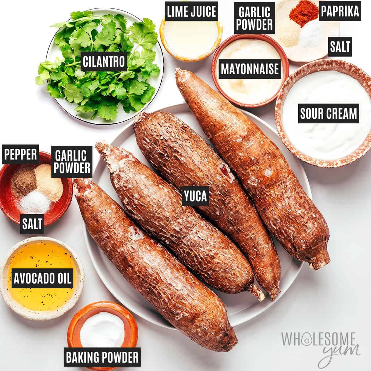 Labled recipe ingredients: Yuca, sour cream, mayo, lime juice, cilantro, baking powder, avocado oil, garlic powder, paprika, salt and pepper.