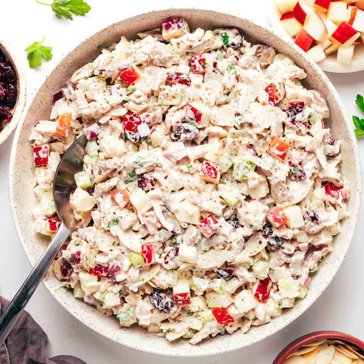 Creamy chicken salad with apples recipe in a bowl.