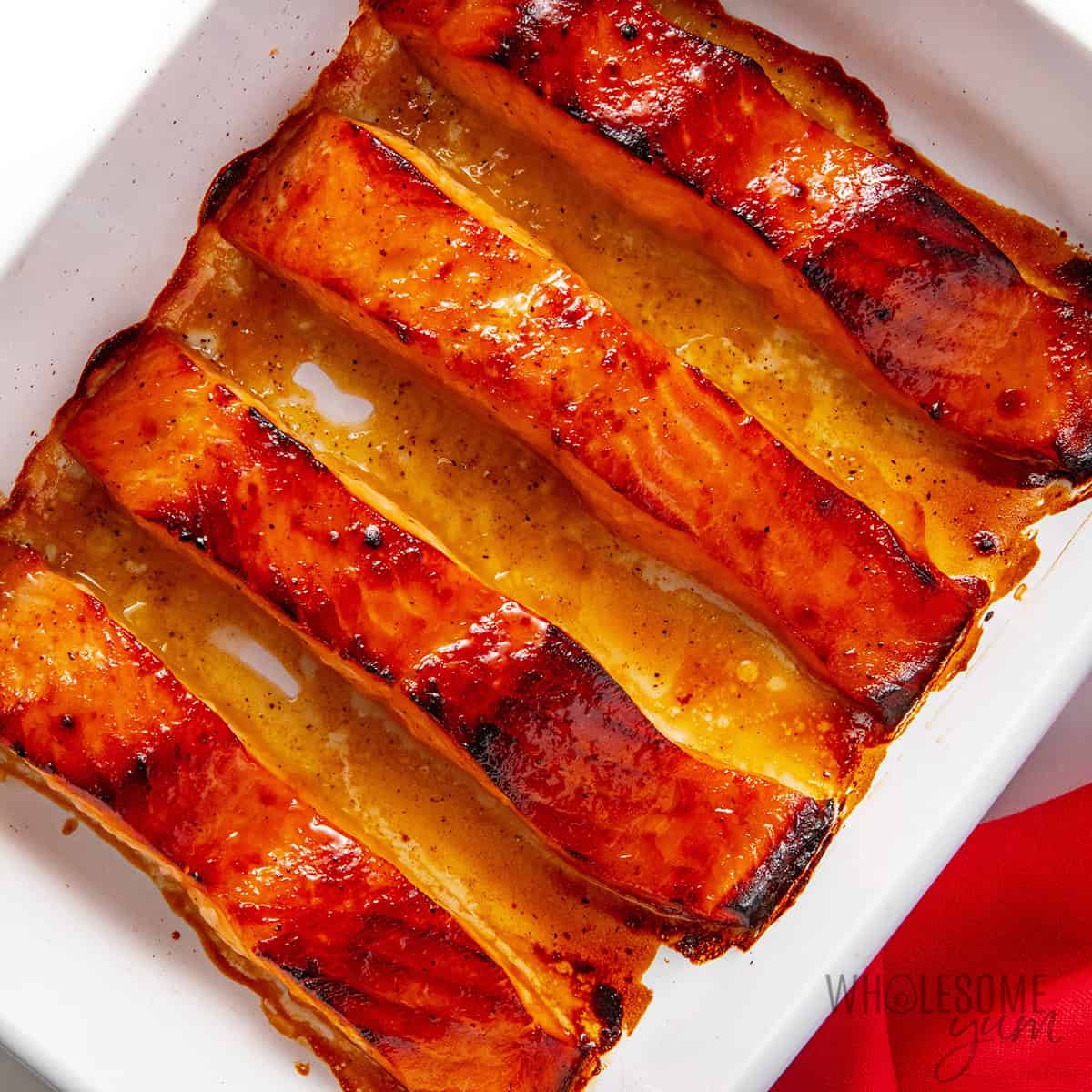 Broiled maple salmon recipe in a baking dish.