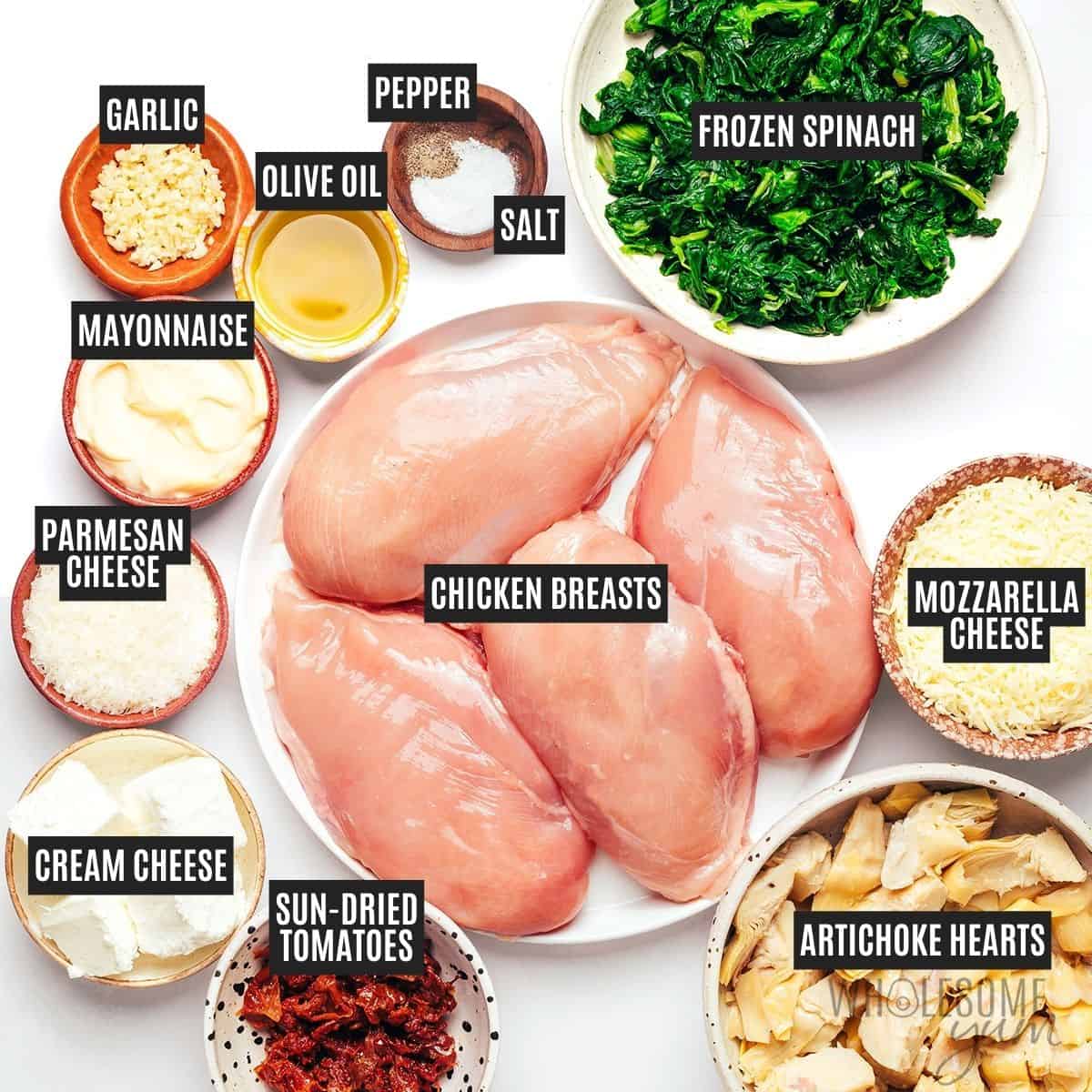 Labeled recipe ingredients: Chicken, frozen spinach, artichoke hearts, cream cheese, mayonnaise, parmesan cheese, sun-dried tomatoes, garlic, mozzarella cheese, olive oil, sea salt, and black pepper.