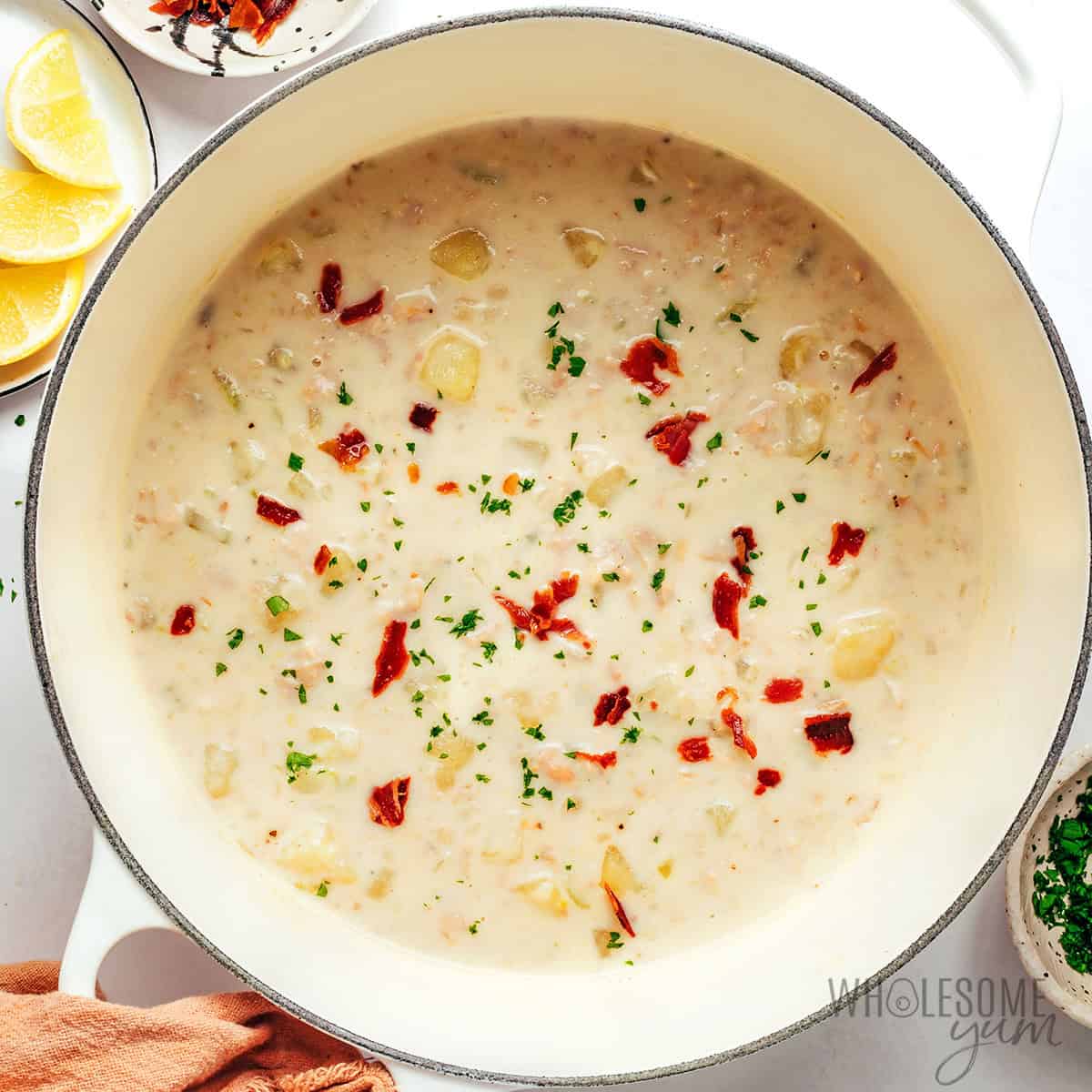 Creamy clam chowder recipe in the Dutch oven.