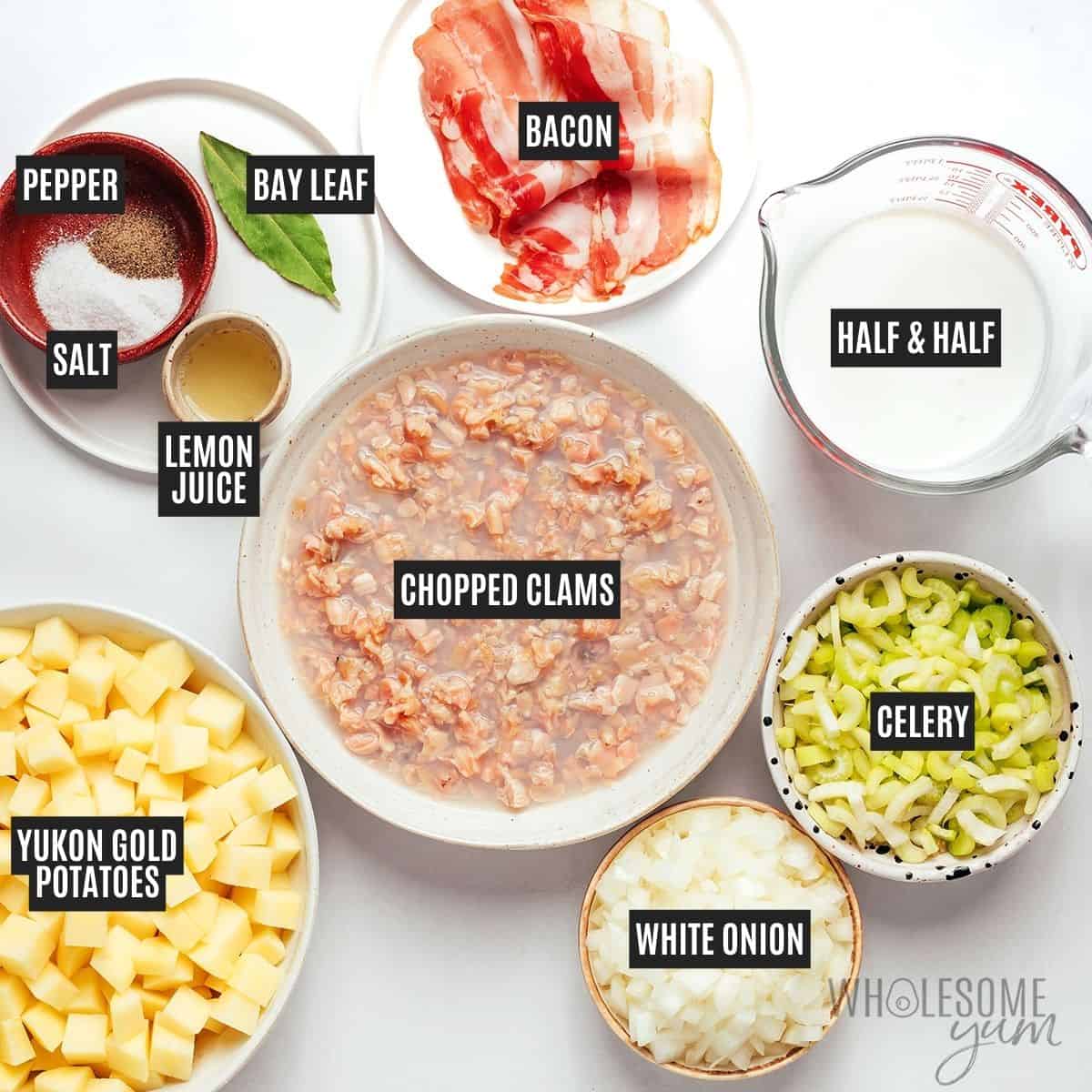 Labeled recipe ingredients: Bacon, white onion, celery, Yukon gold potatoes, canned clams, bay leaf, half and half, lemon juice, sea salt, black pepper.