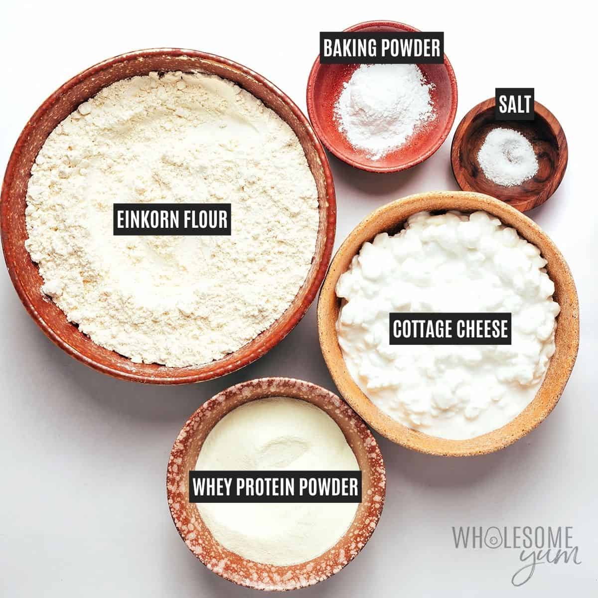 Labeled recipe ingredients: Einkorn flour, cottage cheese, protein powder, baking powder, and salt 