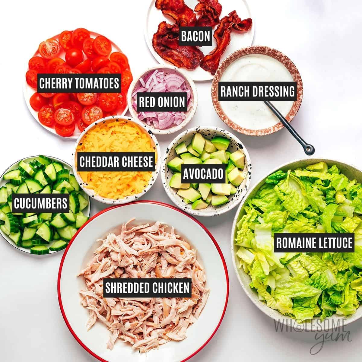 Labeled recipe ingredients: Shredded chicken, cooked bacon, romaine lettuce, cherry tomatoes, cucumbers, red onion, avocado, cheddar cheese, and ranch dressing.