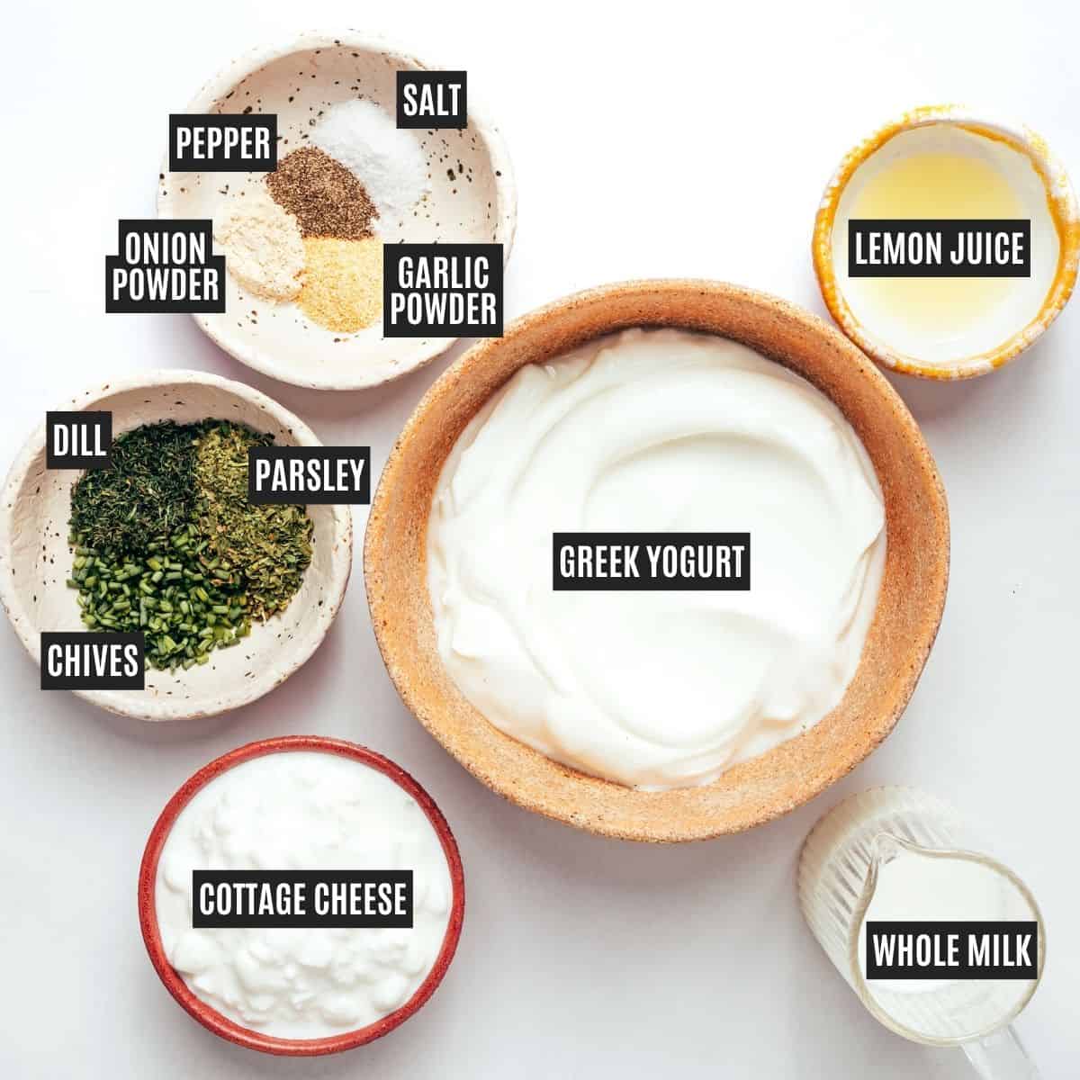 Labeled recipe ingredients: Cottage cheese, lemon juice, dried parsley, dried dill, dried chives, garlic powder, onion powder, whole milk, sea salt, and black pepper.