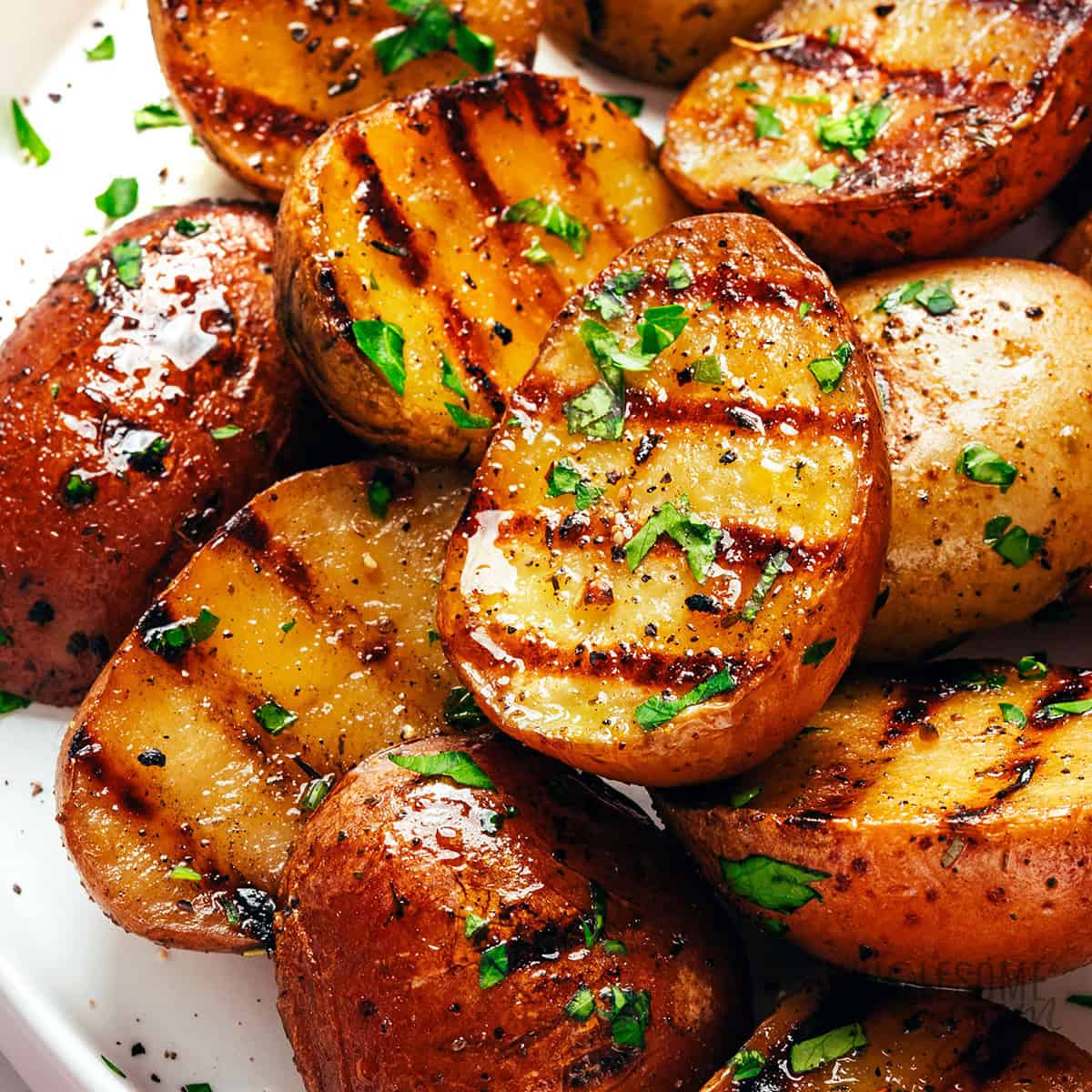 Grilled potatoes up close.