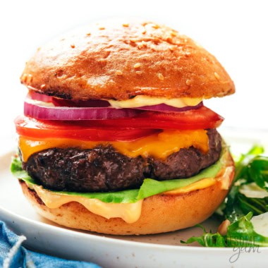 Bison burger on a plate.