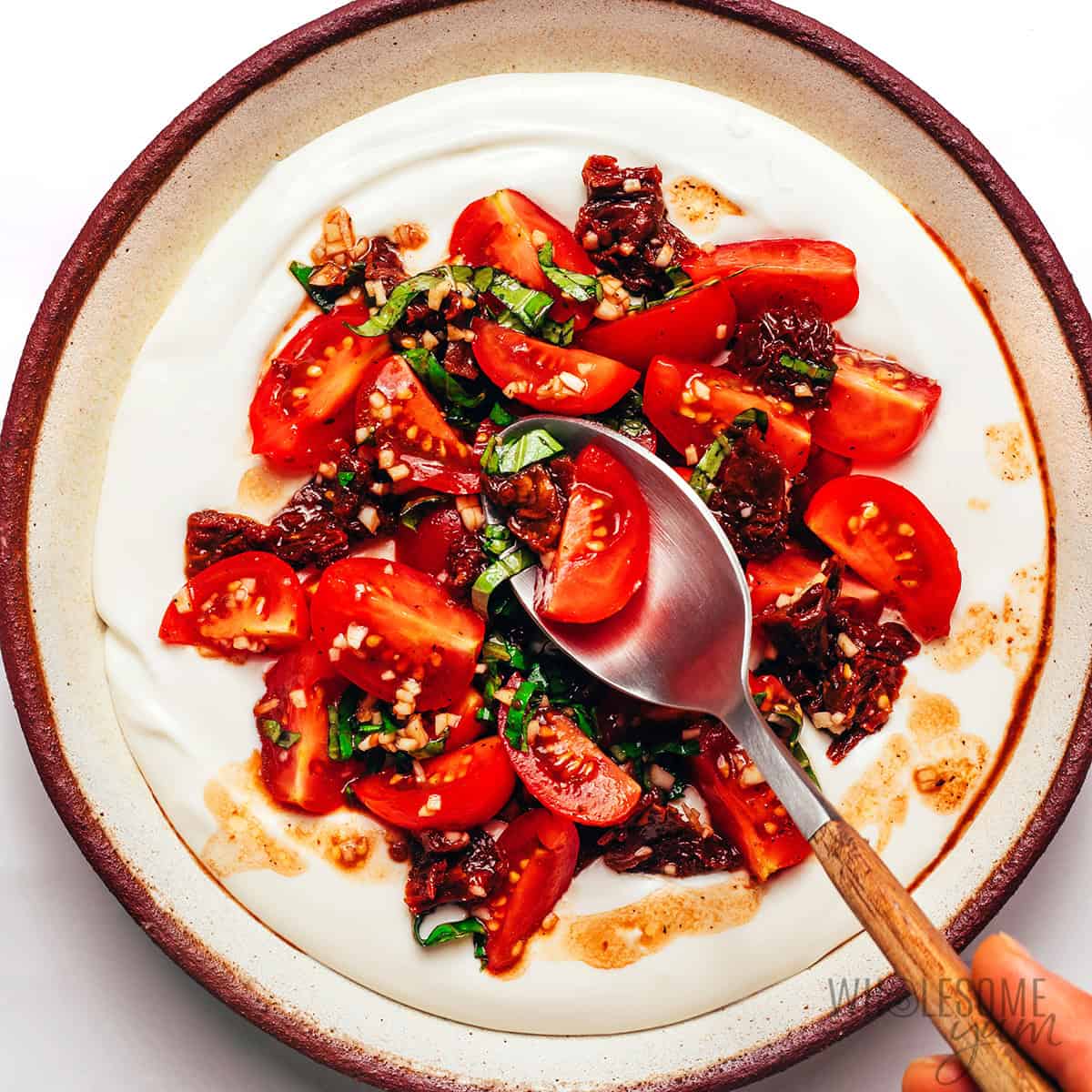 Bruschetta topping spooned over the creamy ricotta dip base.