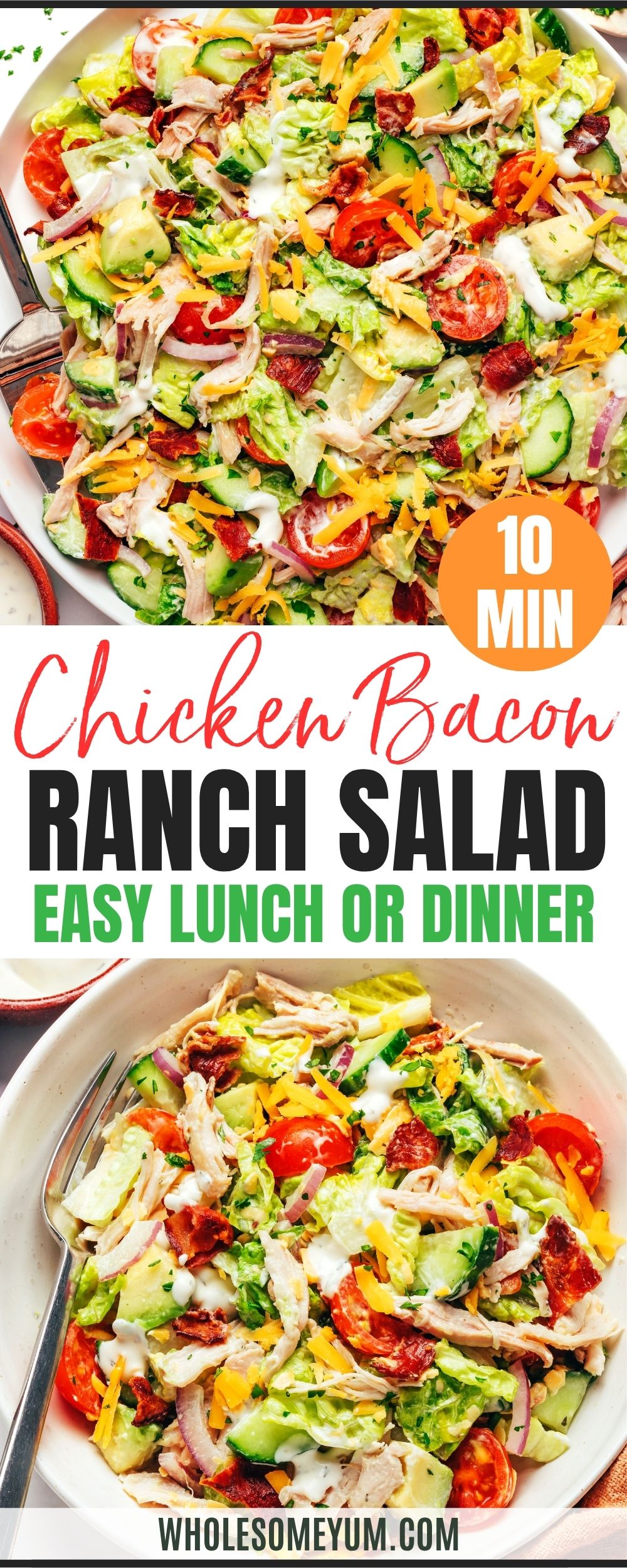 Chicken bacon ranch salad recipe pin.