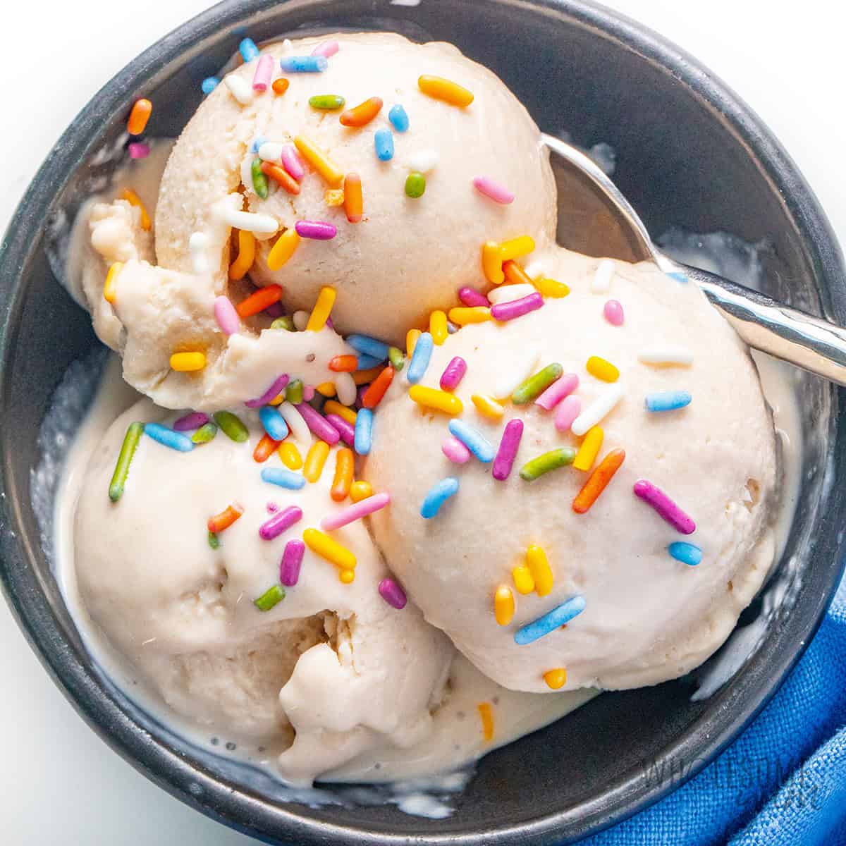 Cottage cheese ice cream recipe scooped in a bowl with sprinkles.