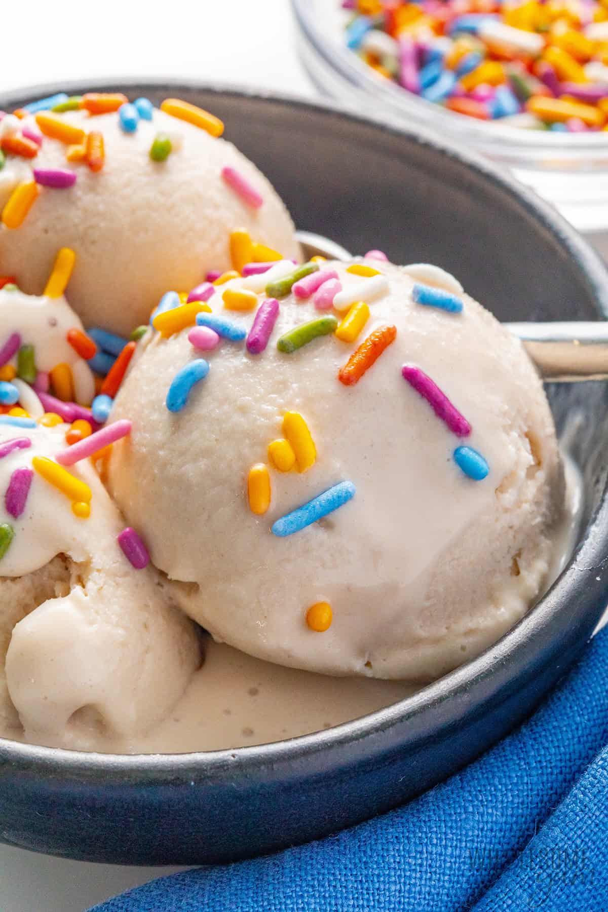 Scooped cottage cheese ice cream close up in a bowl.