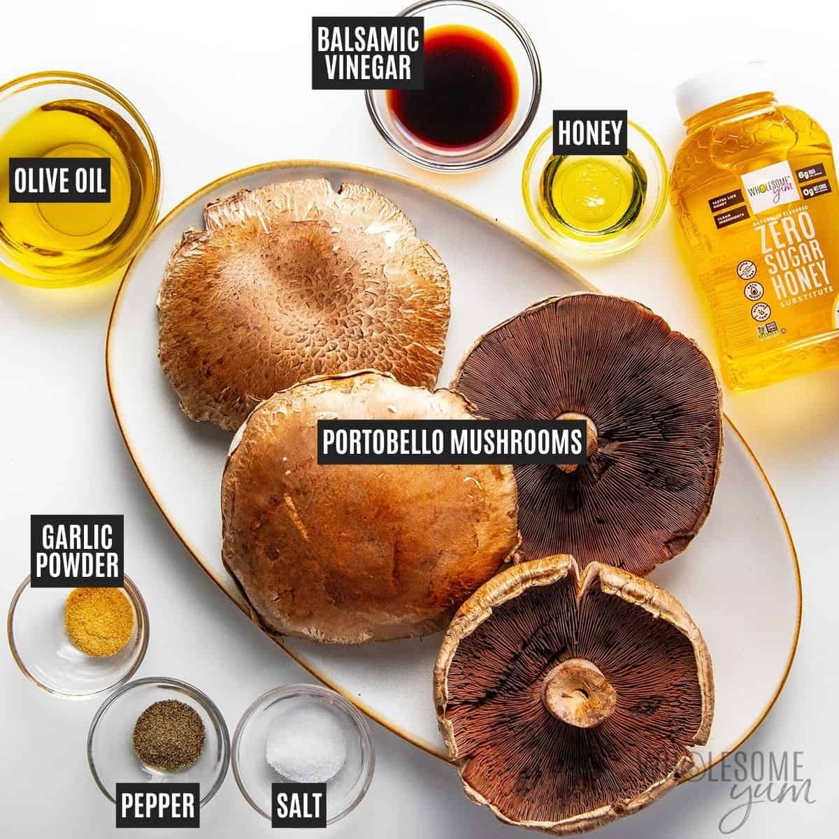 Labeled recipe ingredients: Portobello mushroom caps, olive oil, balsamic vinegar, honey, and seasonings.
