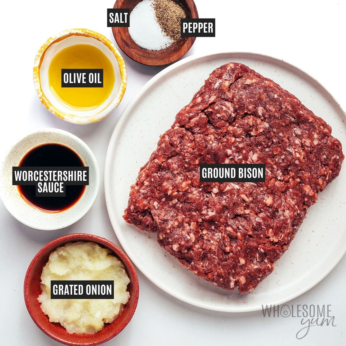 Labeled recipe ingredients: Ground bison, olive oil, Worcestershire sauce, onion, salt, and pepper.