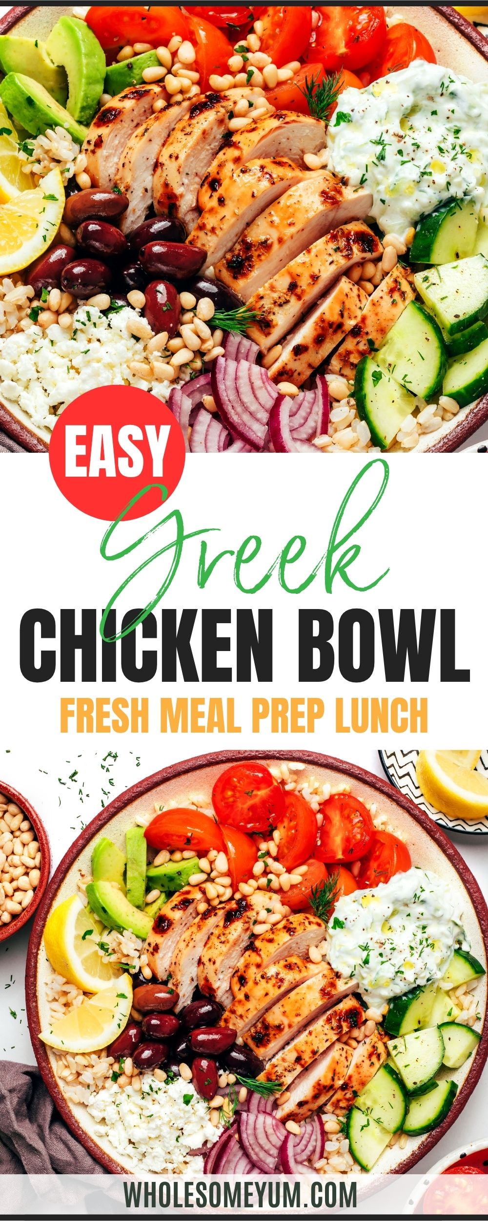 Greek chicken bowl recipe pin.