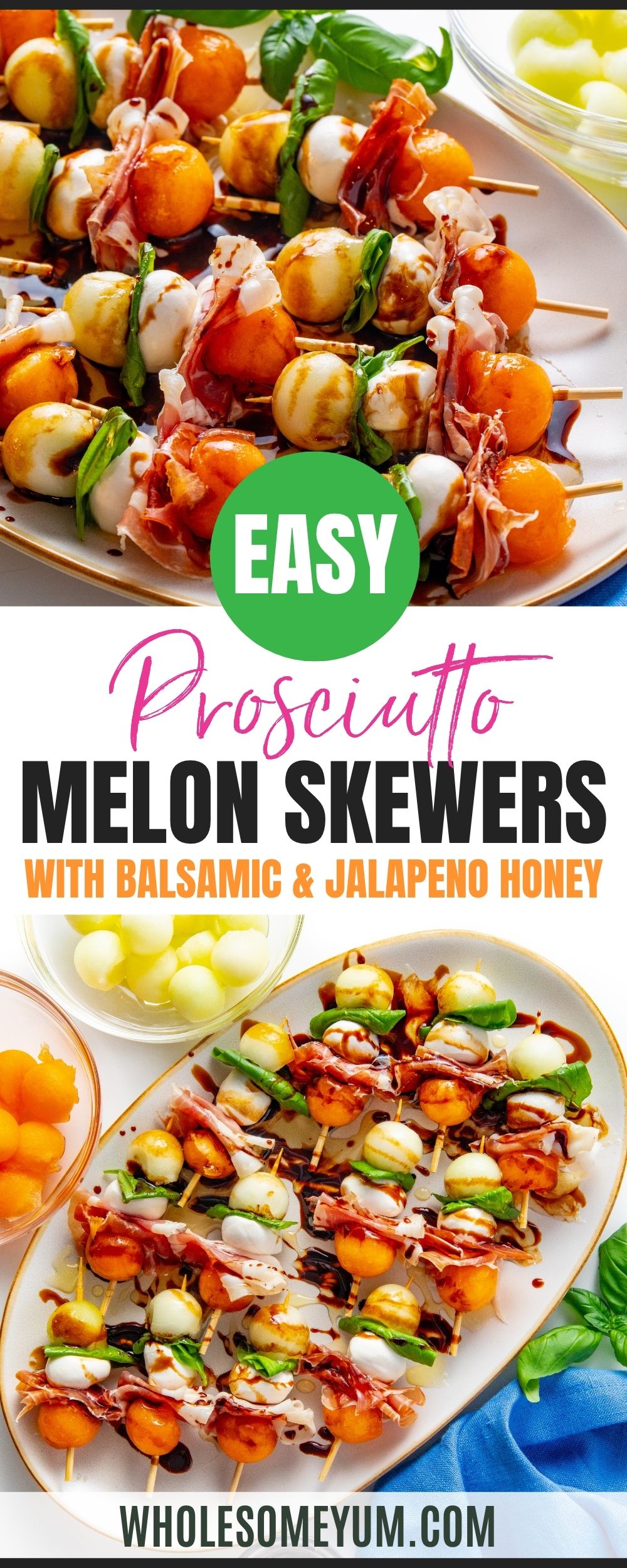 Prosciutto melon skewers recipe pin.