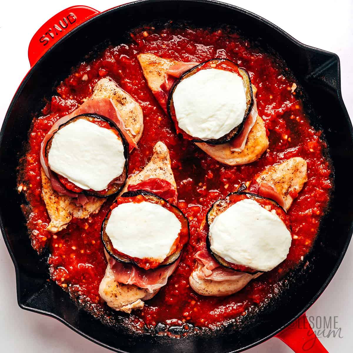 Fresh mozzarella cheese over the chicken Sorrentino.