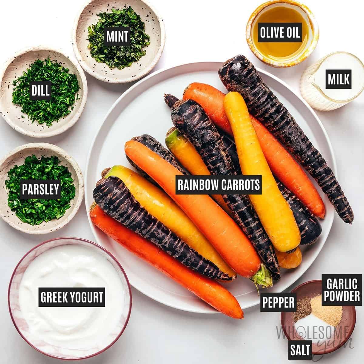 Ingredients for rainbow carrots with yogurt herb sauce.