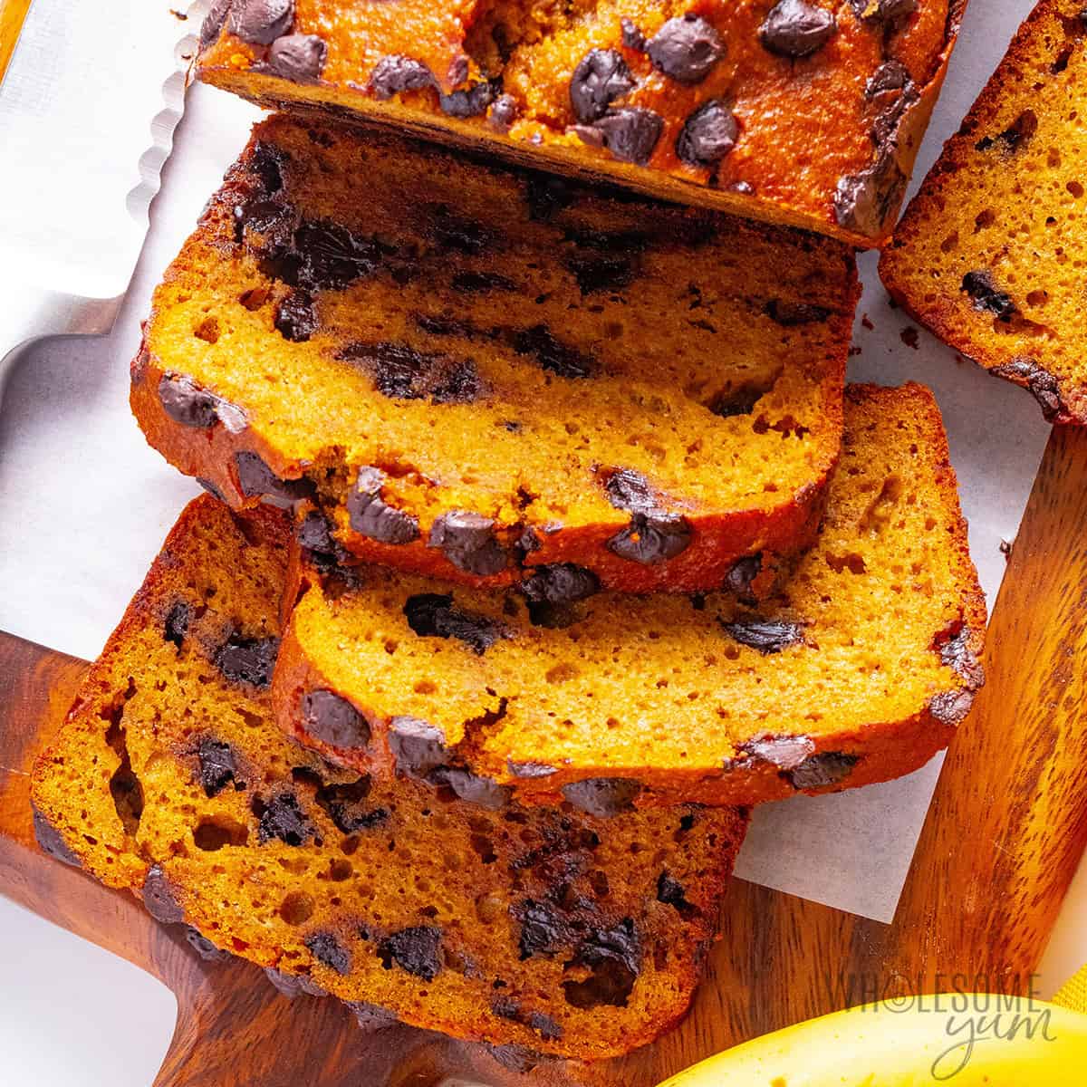 Pumpkin banana bread cut in slices.
