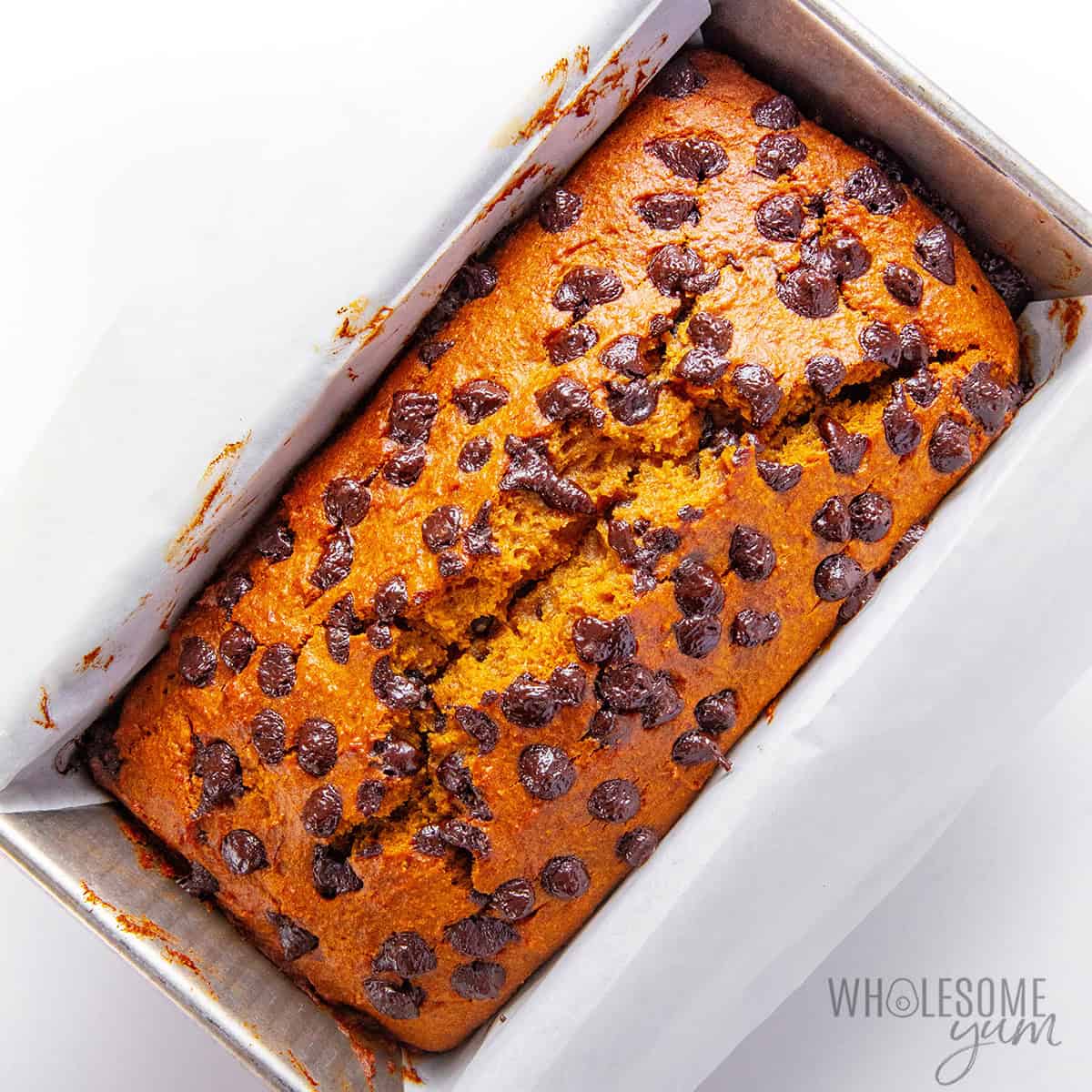 Pumpkin banana bread recipe finished in a loaf pan.