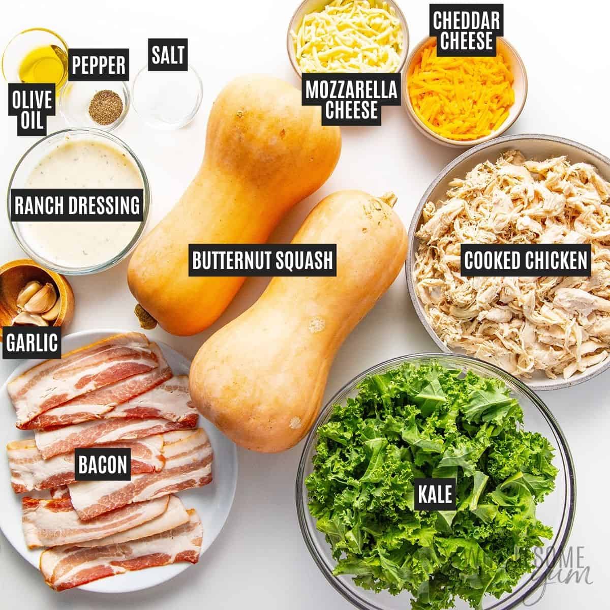Labeled recipe ingredients: butternut squash, chicken, kale, ranch dressing, bacon, cheddar cheese, mozzarella cheese, garlic, and olive oil.