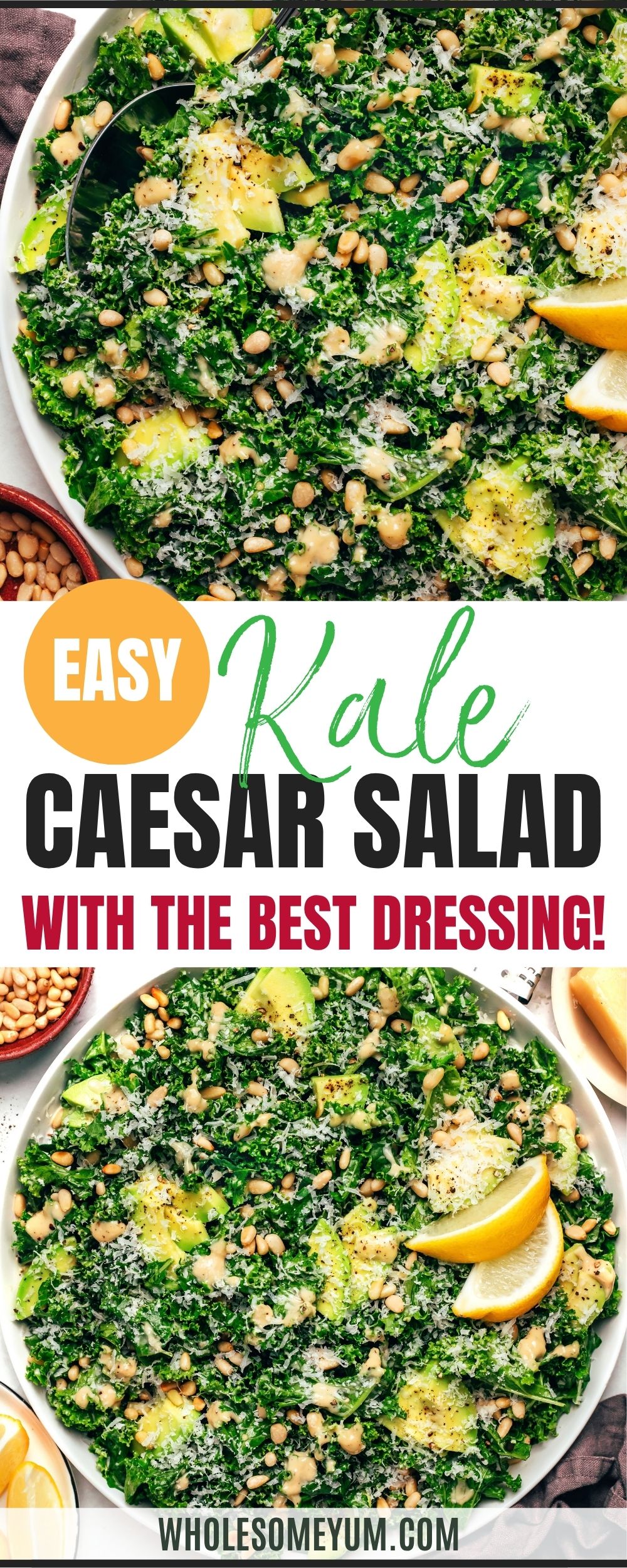 Kale Caesar salad recipe pin.