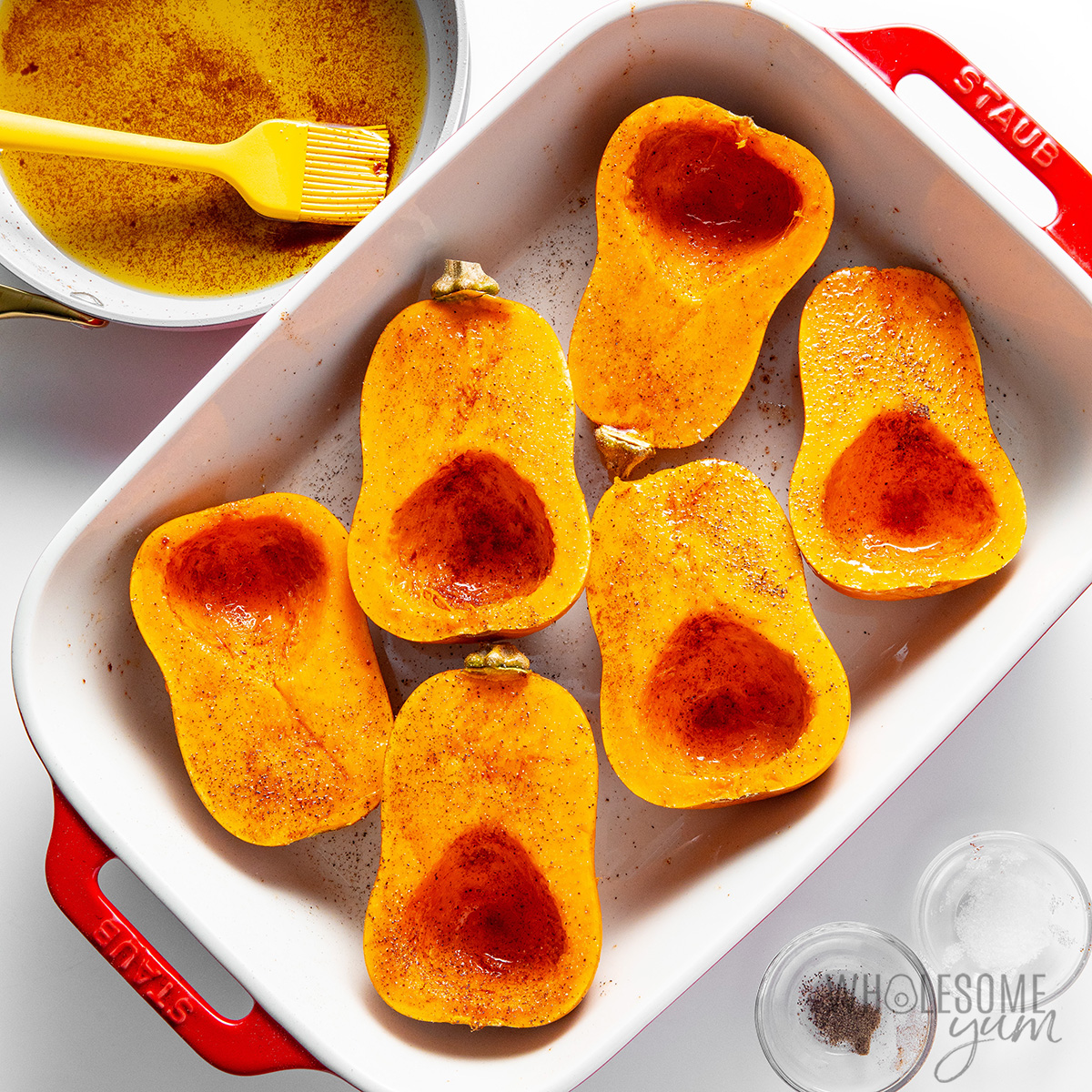 Honeynut squash brushed with butter.