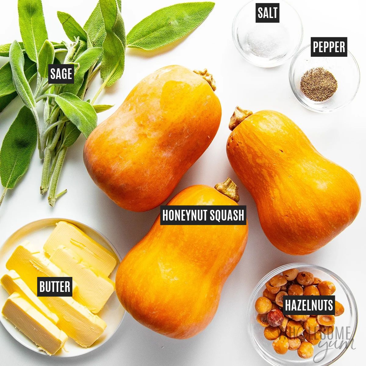 Labeled recipe ingredients: honeynut squash, unsalted butter, hazelnuts, fresh sage, sea salt, and black pepper.